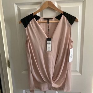 NWT bcbg silk blouse bare pink with black on shoulders size s